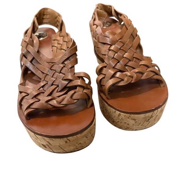 Tory Burch Killian Brown Leather Strappy Woven Cork Platform Wedge Sandals 9.5 - Picture 3 of 10